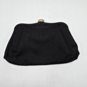 Vintage MM Peau de Faille Black Satin Clutch Rhinestone Clasp Evening Handbag